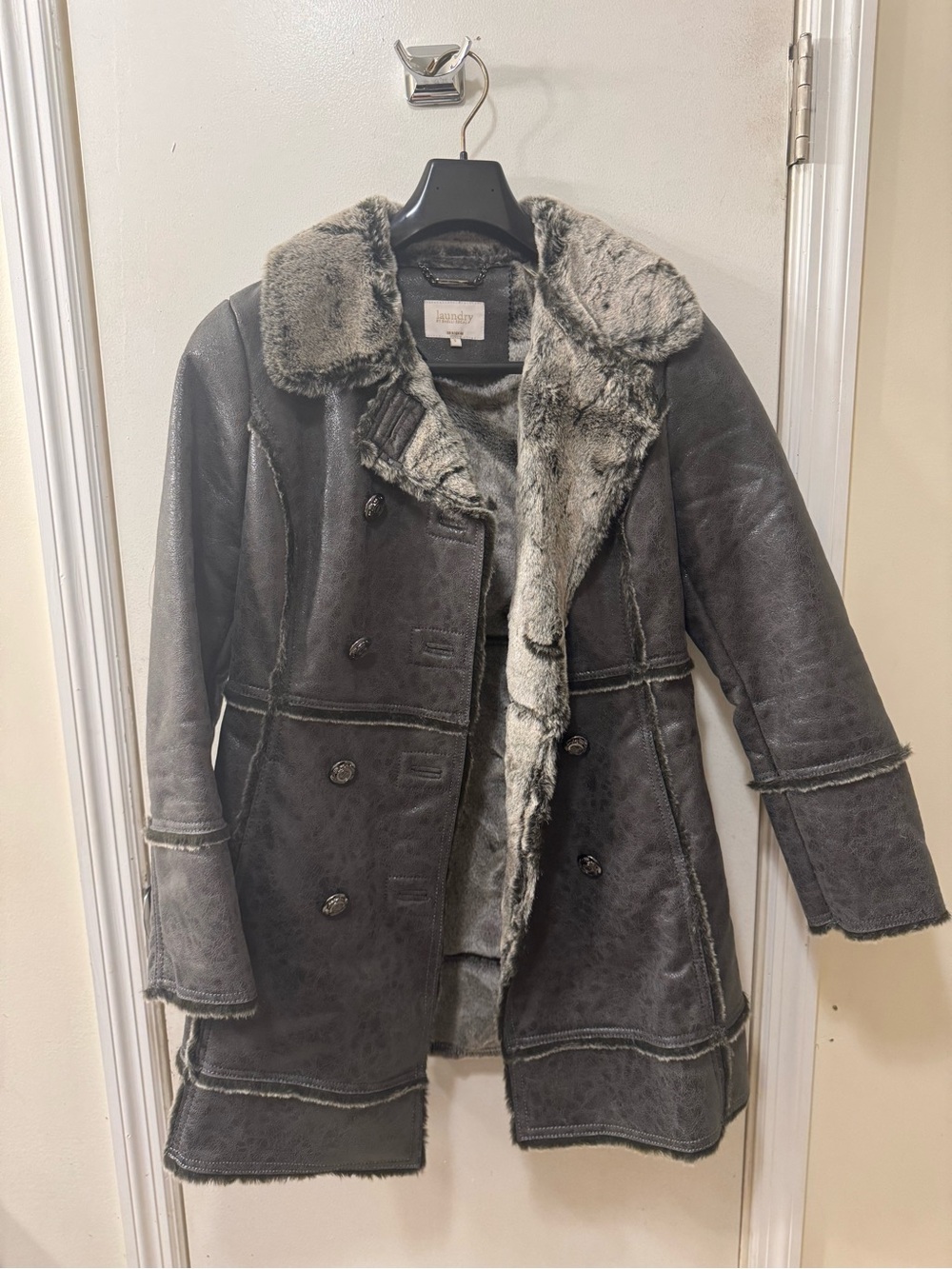 Laundry By Shelli Segal Gray Faux Shearling Double-Breasted Trench Coat